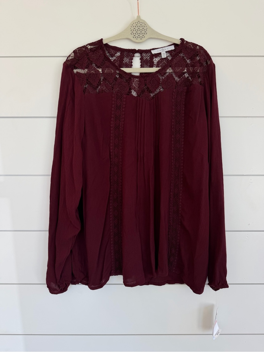 NWT Fever 2X Blouse Grape Wine Boho Whimsigoth Lace Long Sleeve Plus Size Top